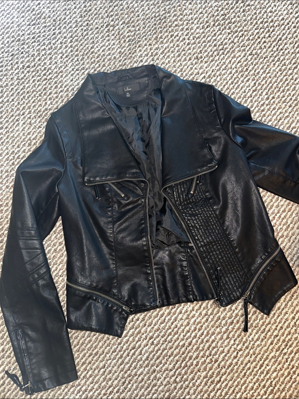 Lulu's Black Faux Leather Moto Jacket with Quilted Panels